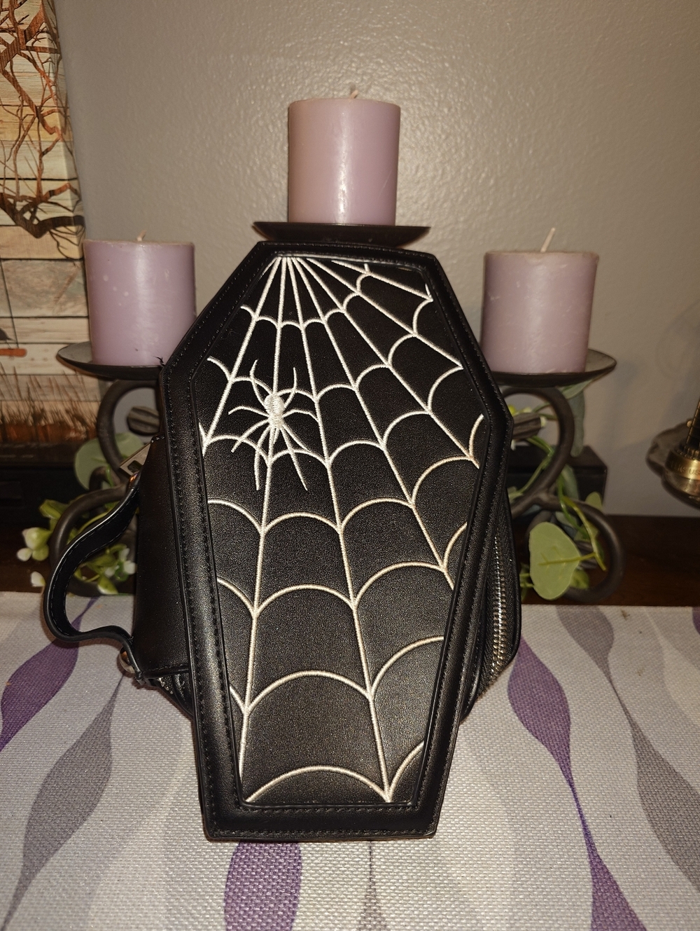 Black Coffin Crossbody Bag with White Spiderweb Stitching